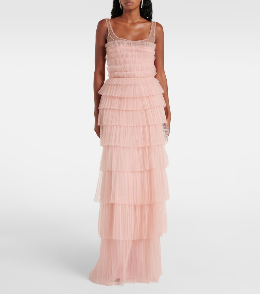 Costarellos Kali embellished plissé tiered gown