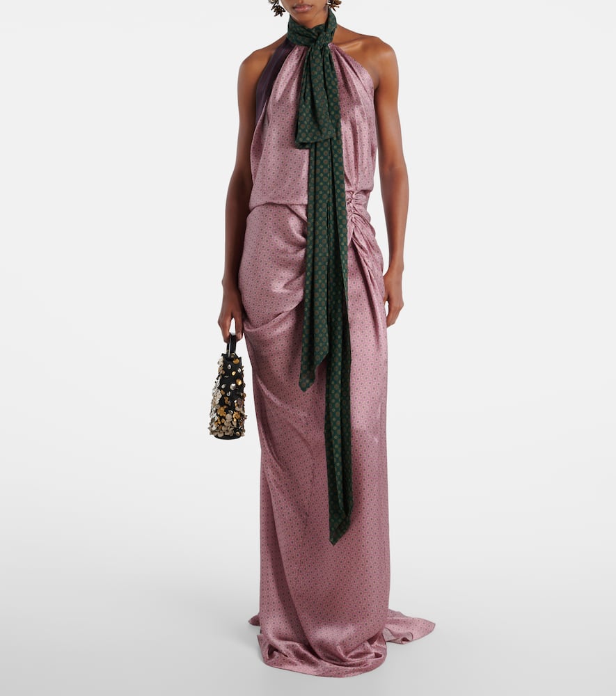 Dries Van Noten Devira Button Draped Satin Halter Maxi Dress In Pink