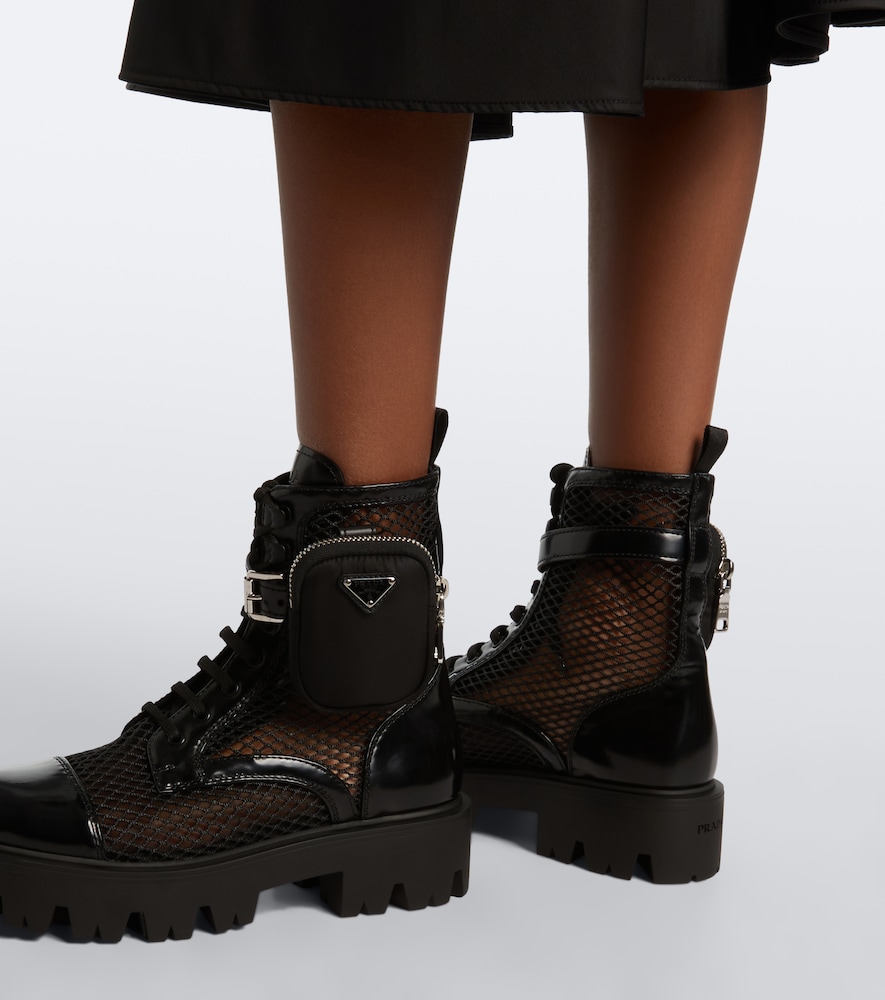 Prada Leather-trimmed mesh combat boots