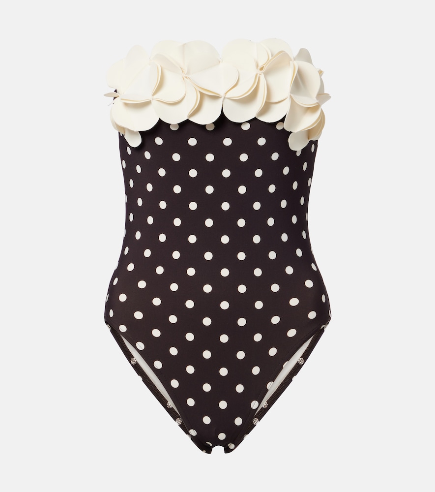 Karla Colletto Floral appliqué polka-dot bandeau swimsuit