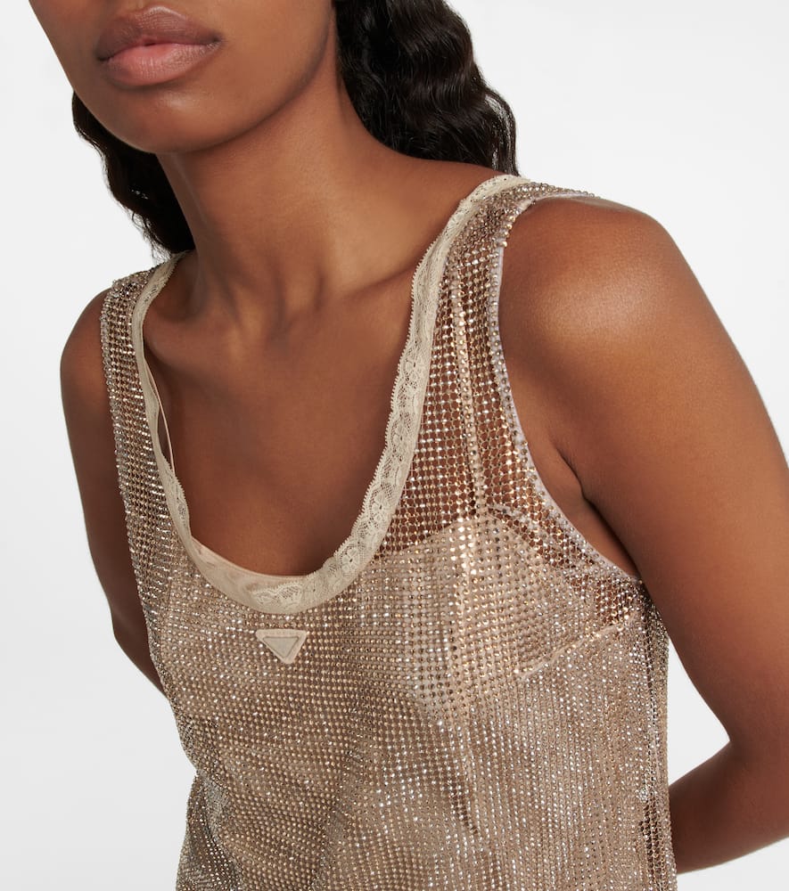 Prada Crystal-embellished Mesh Minidress In Oro