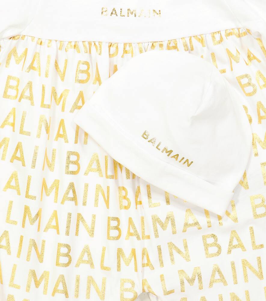 Balmain Logo Cotton Beanie And Onesie Set In White