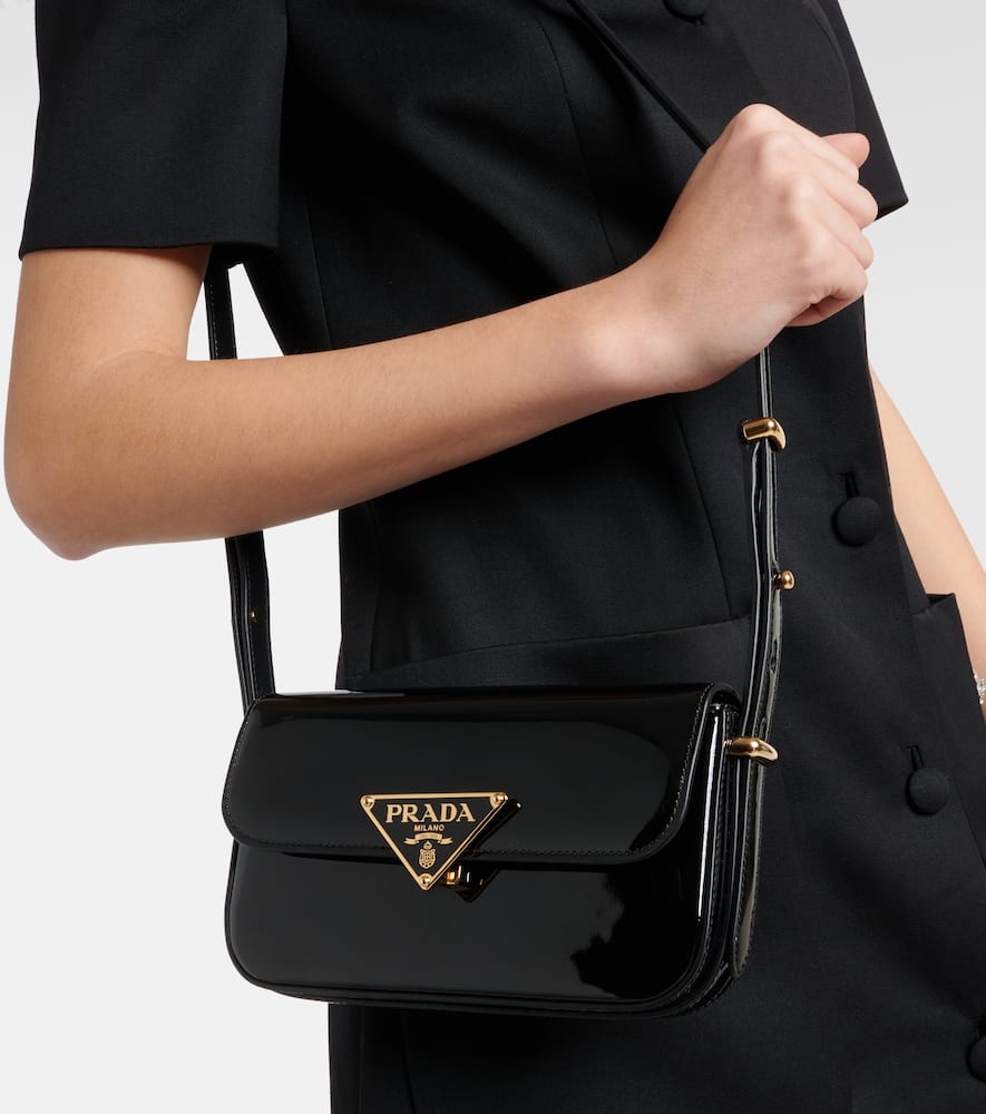 Prada Logo Patent Leather Shoulder Bag In Black