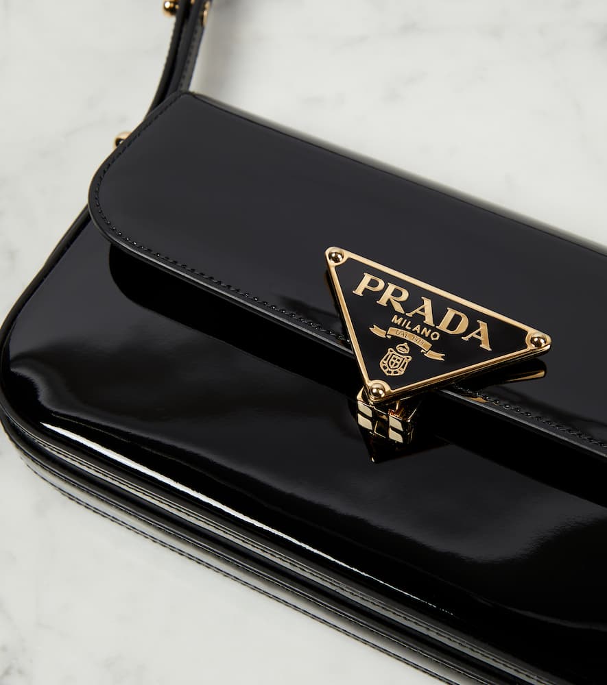 Prada Logo Patent Leather Shoulder Bag In Black