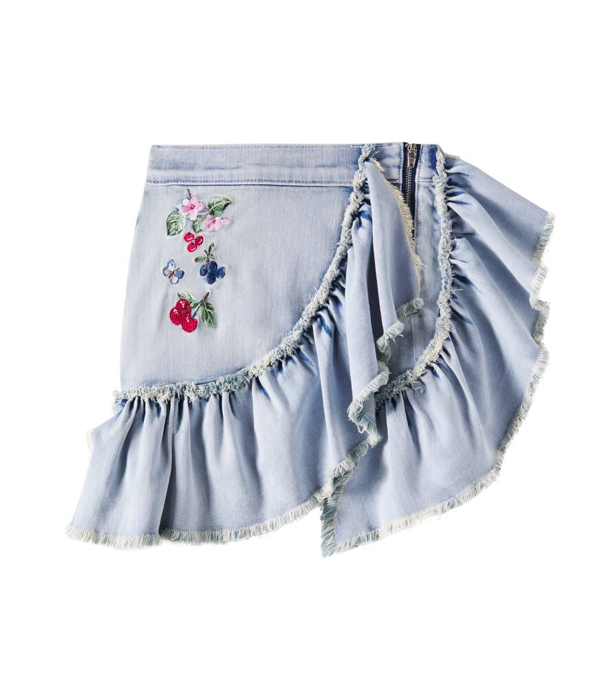 Monnalisa Distressed Patch-appliqué Ruffled Denim Skirt In Blue