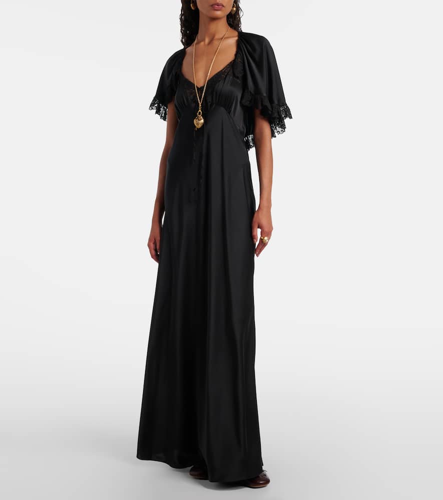 Chloé Cape-effect Lace-trimmed Silk-satin Gown In Black