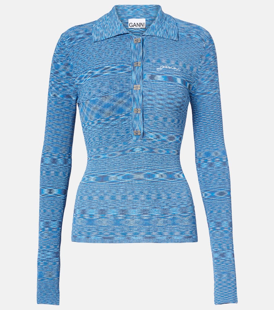Ganni Spacedyed Logo-button Polo Top In Blue