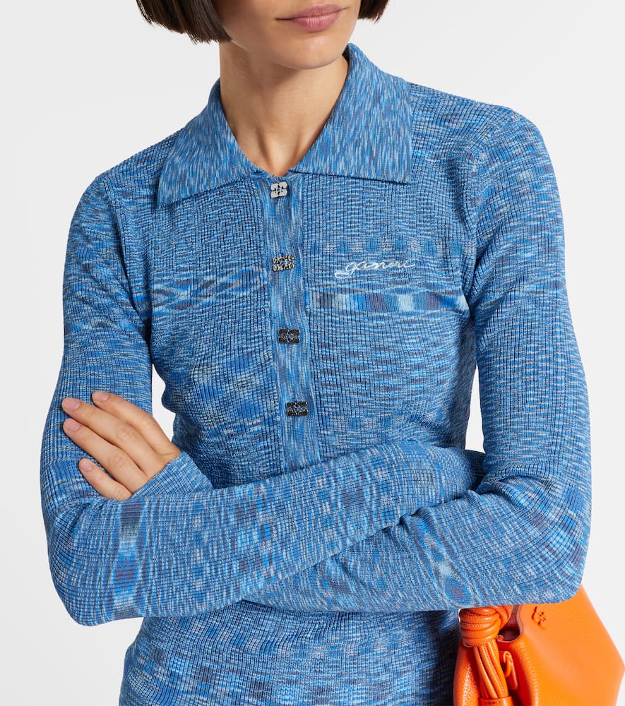 Ganni Spacedyed Logo-button Polo Top In Blue