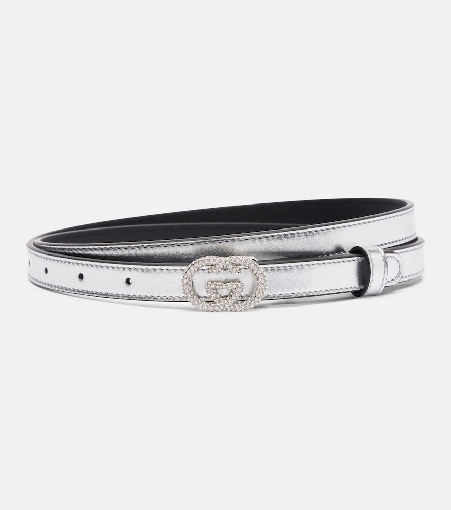 Gucci Women's Silver Interlocking G Metallic Leather Belt Inch Size 31.5