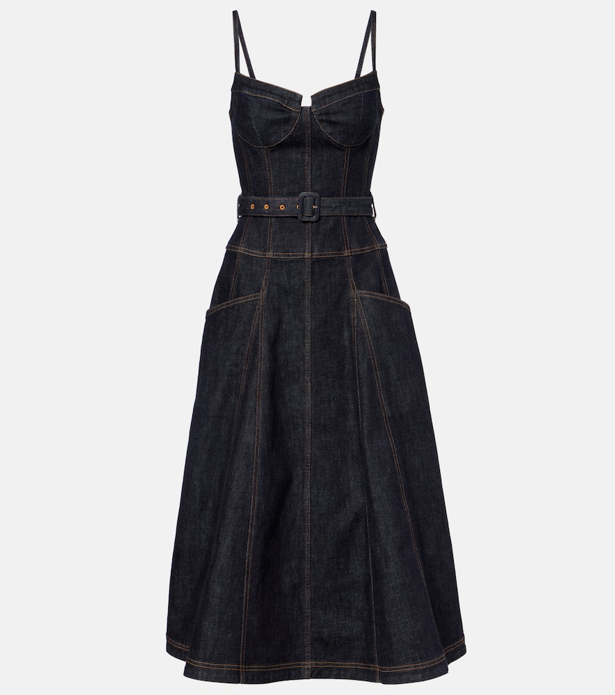 Self-portrait Belted Denim Bustier Dress In Black