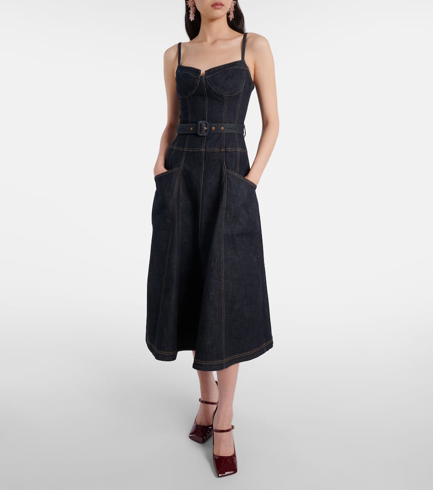 Self-portrait Indigo Denim Flared Midi Dresses Blue In Black