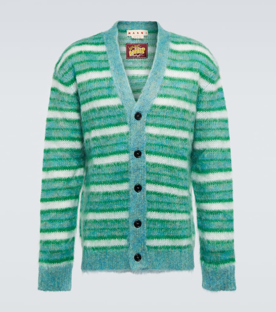 Shop Marni Striped Mohair-blend Cardigan In Turquoise