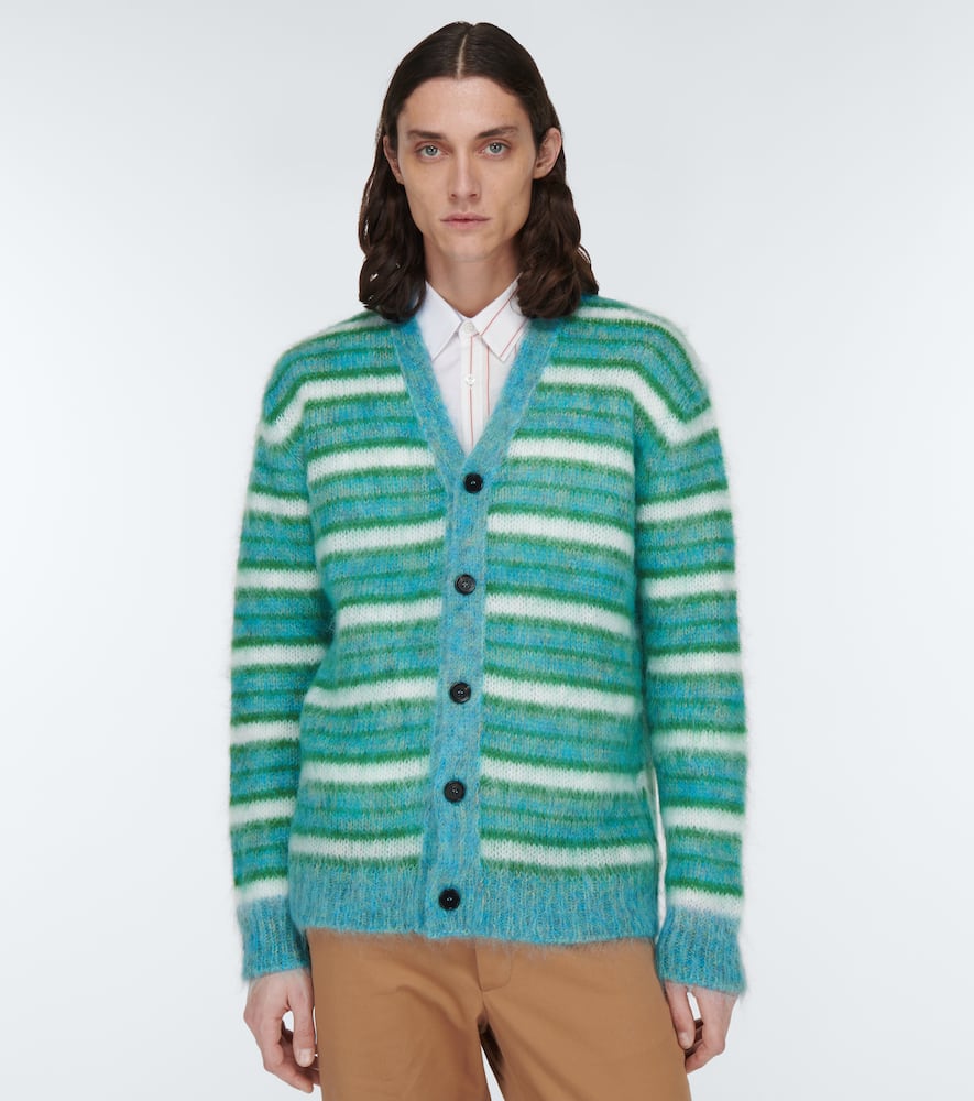Marni Striped Mohair-blend Cardigan In Turquoise