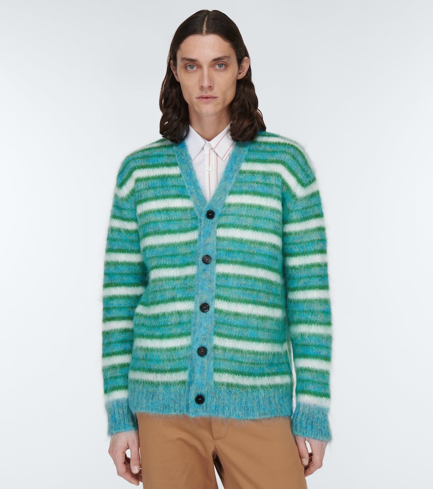 Shop Marni Striped Mohair-blend Cardigan In Turquoise