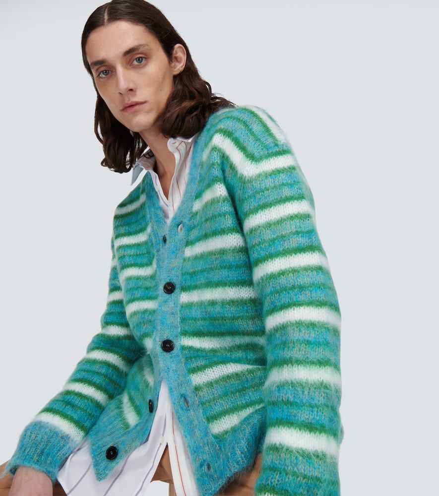 Shop Marni Striped Mohair-blend Cardigan In Turquoise