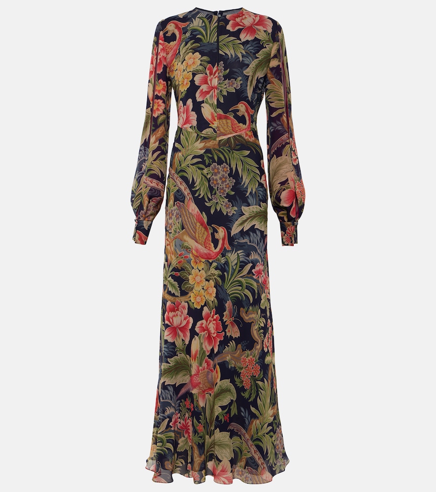 Etro Floral Long Sleeve Silk Maxi Dress In Navy Multi | ModeSens