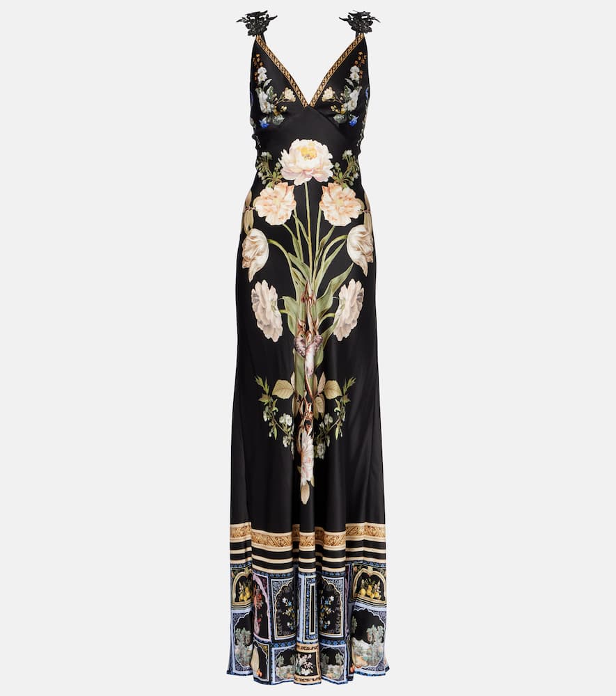 Camilla Ottoman Elegance V-neck Bias Cut Silk Maxi Slipdress In Black