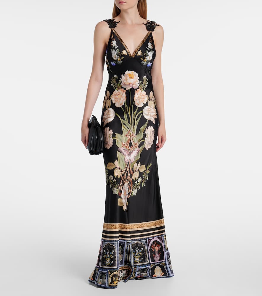 Camilla Ottoman Elegance V-neck Bias Cut Silk Maxi Slipdress In Black