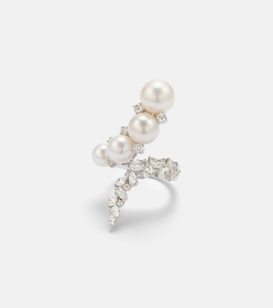 Anello Pearlescent in oro bianco 18kt con diamanti e perle d'acqua dolce