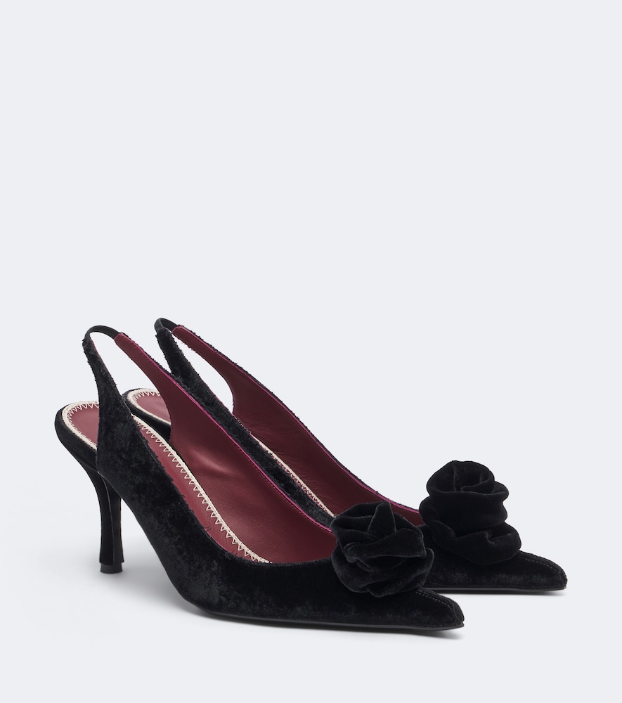 Floral-Appliqué Velvet Slingback