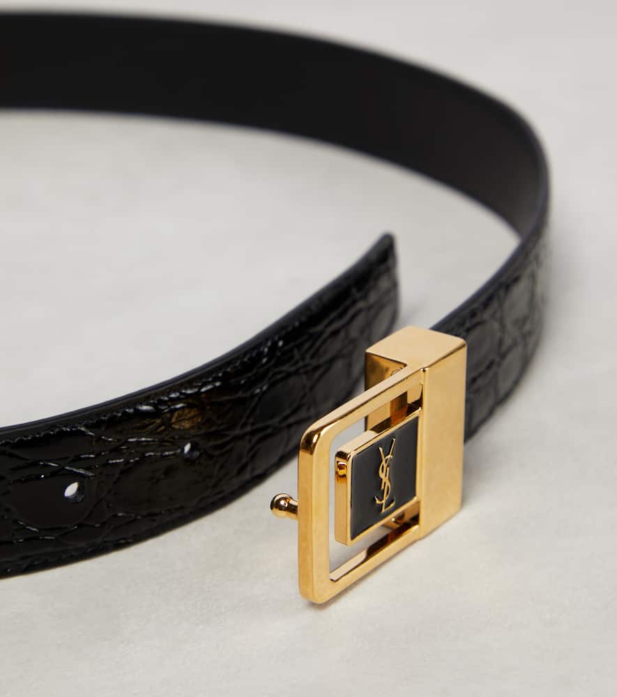 Saint Laurent Cassandre Croc-effect Leather Belt In Black
