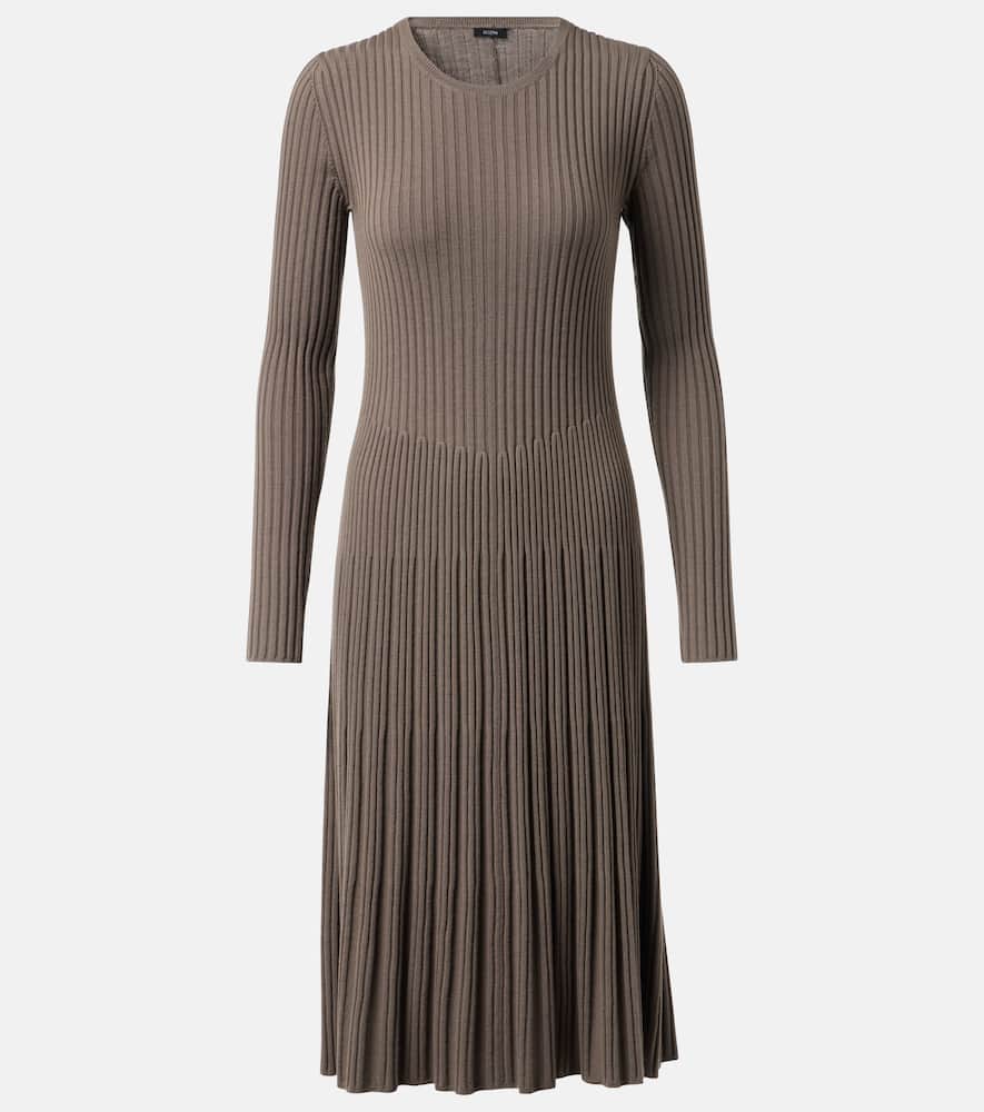 Joseph Ribbed-knit Pleated Wool Midi Dress In Gray