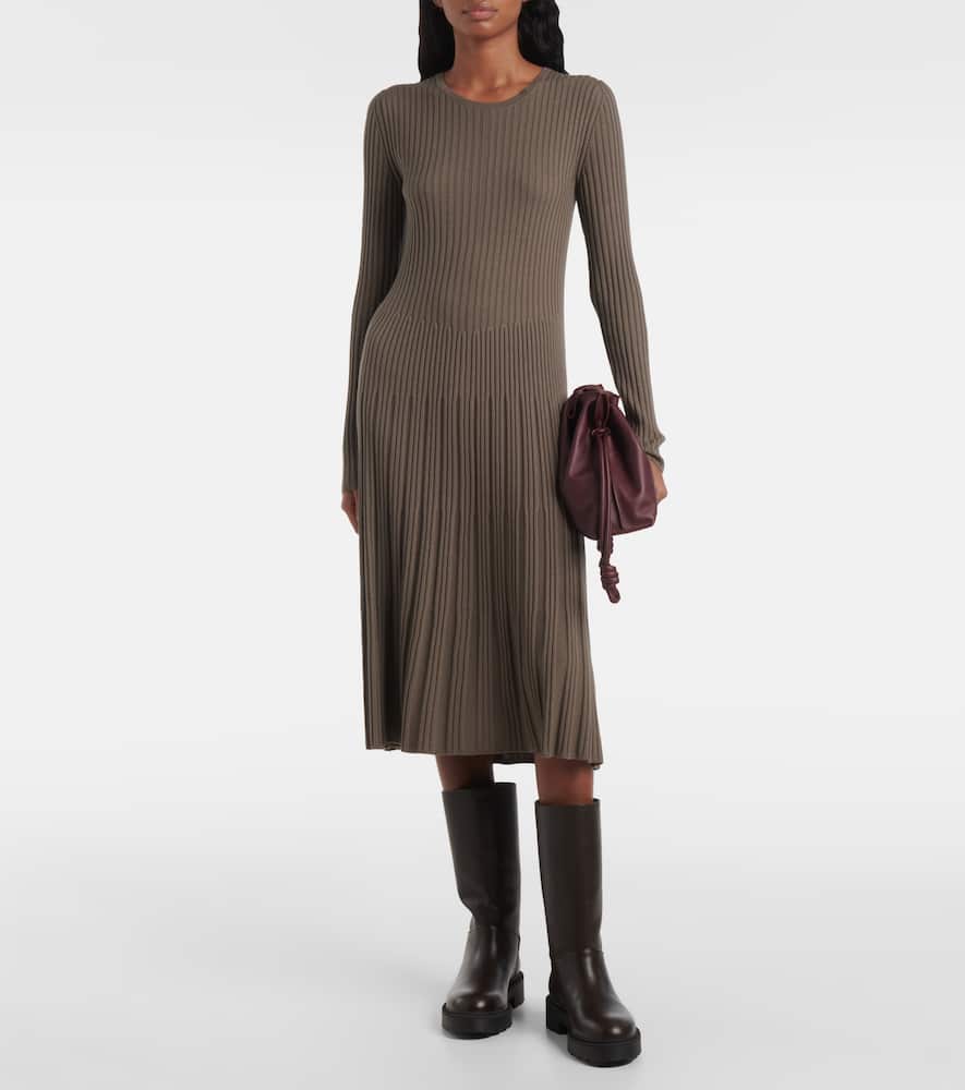 Joseph Ribbed-knit Pleated Wool Midi Dress In Gray