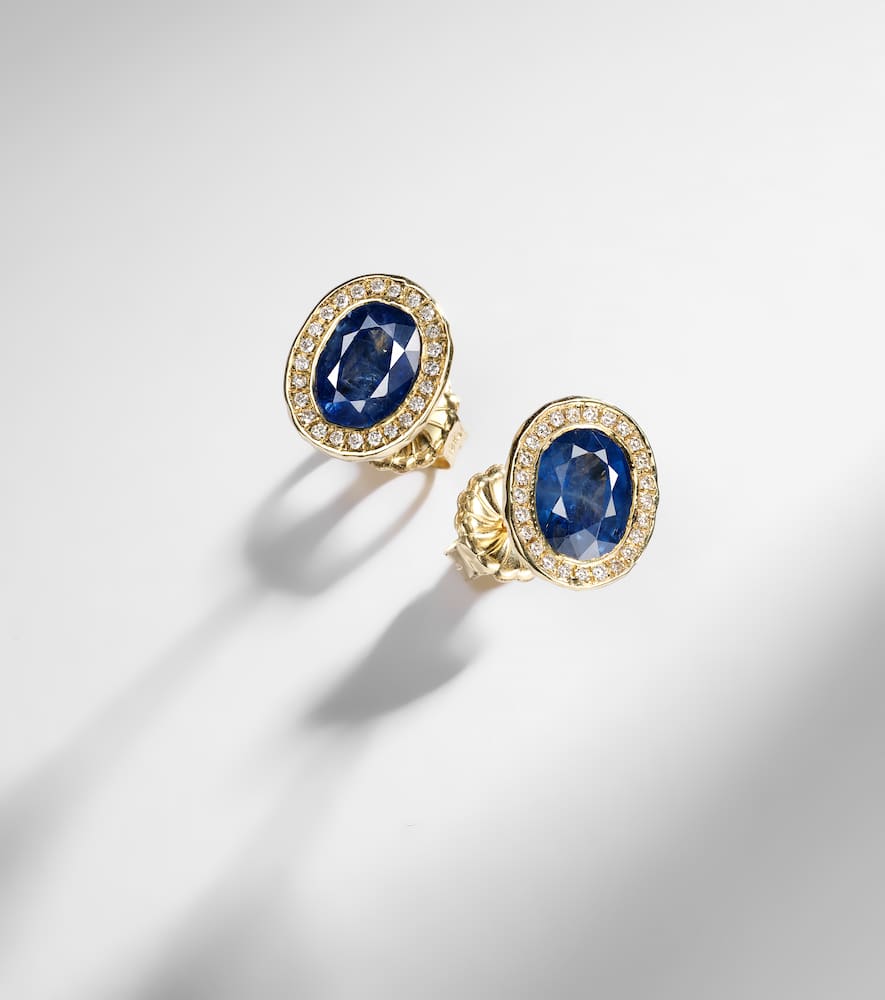 Octavia Elizabeth 18kt Gold Stud Earrings With Diamonds And Sapphires In Blue