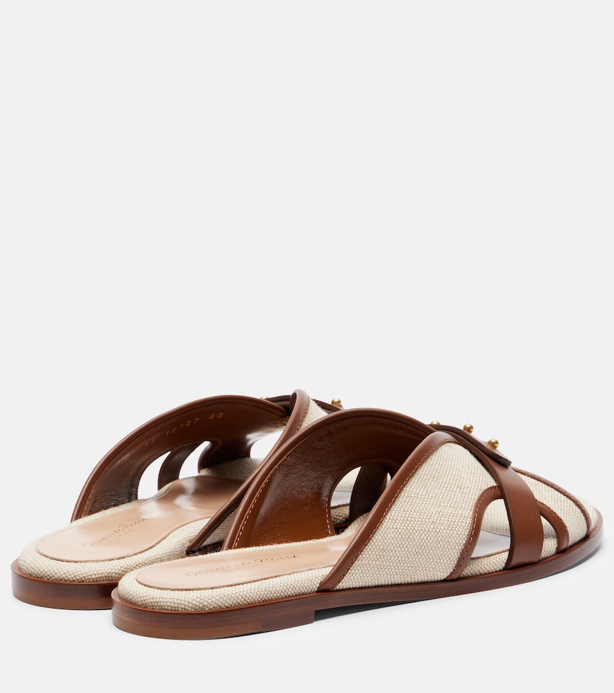 Paros Leather-Trimmed Canvas Slides