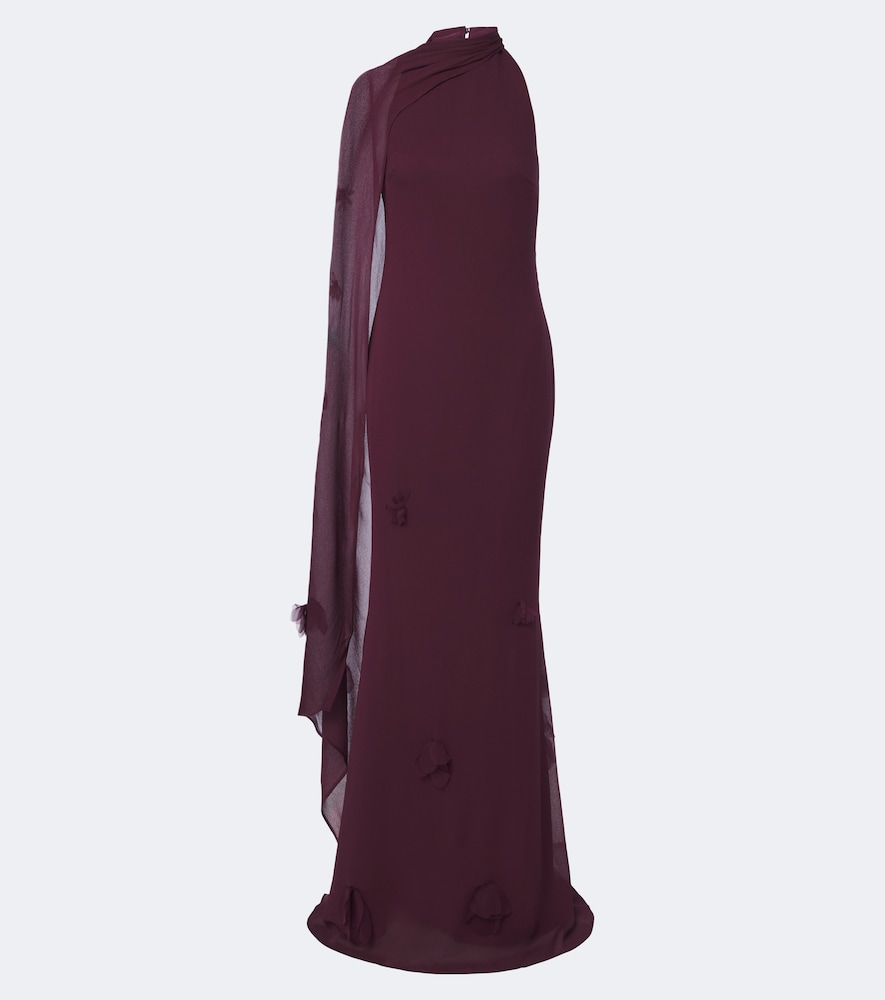 Self-portrait Floral-appliqué Scarf-detail Gown In Burgundy