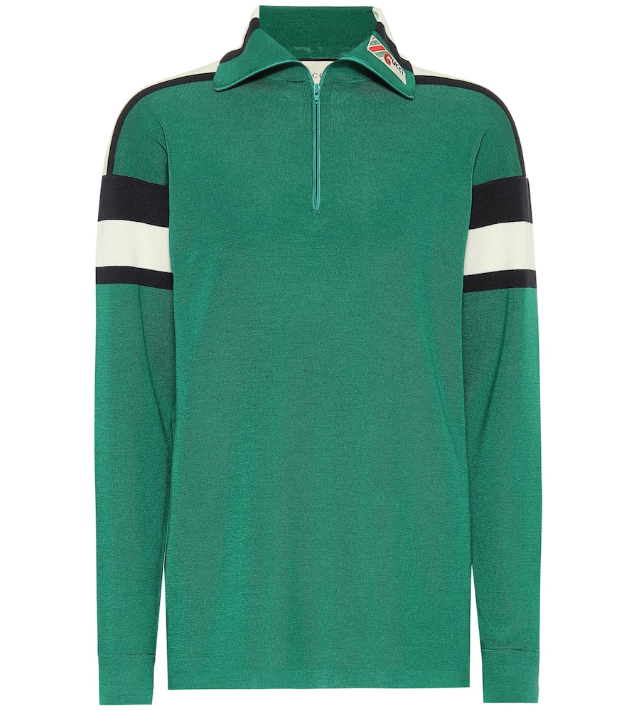 Click to view more detailed imagery on our partner's website Gucci Embroidered Striped Wool, Silk And Cashmere-blend Sweater In Green
