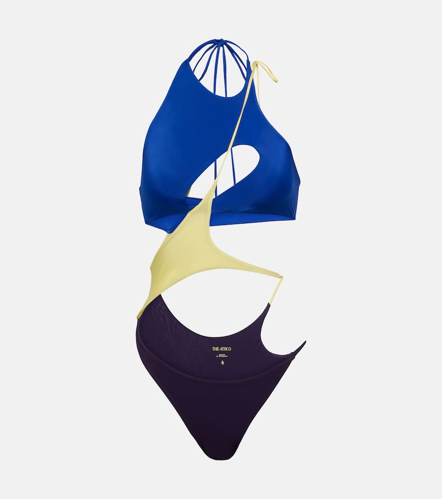 Attico Colorblocked Cutout Swimsuit In Dark Grapes/iris Blue/lght Ylw