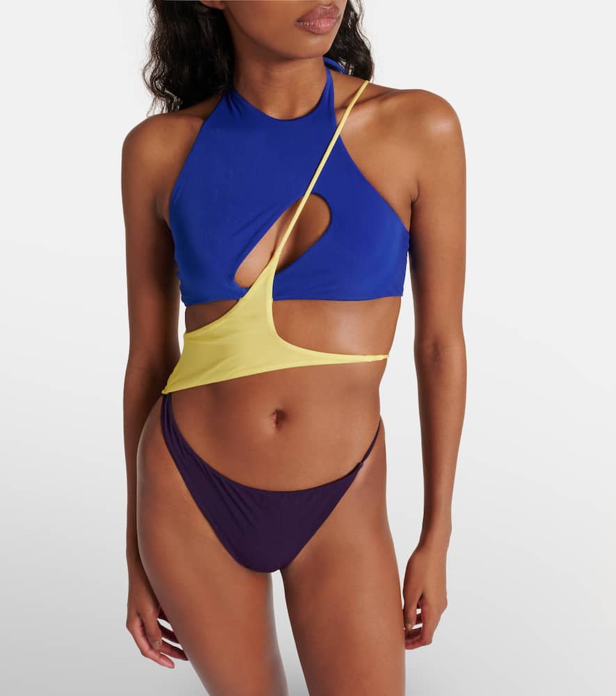Attico Colorblocked Cutout Swimsuit In Dark Grapes/iris Blue/lght Ylw
