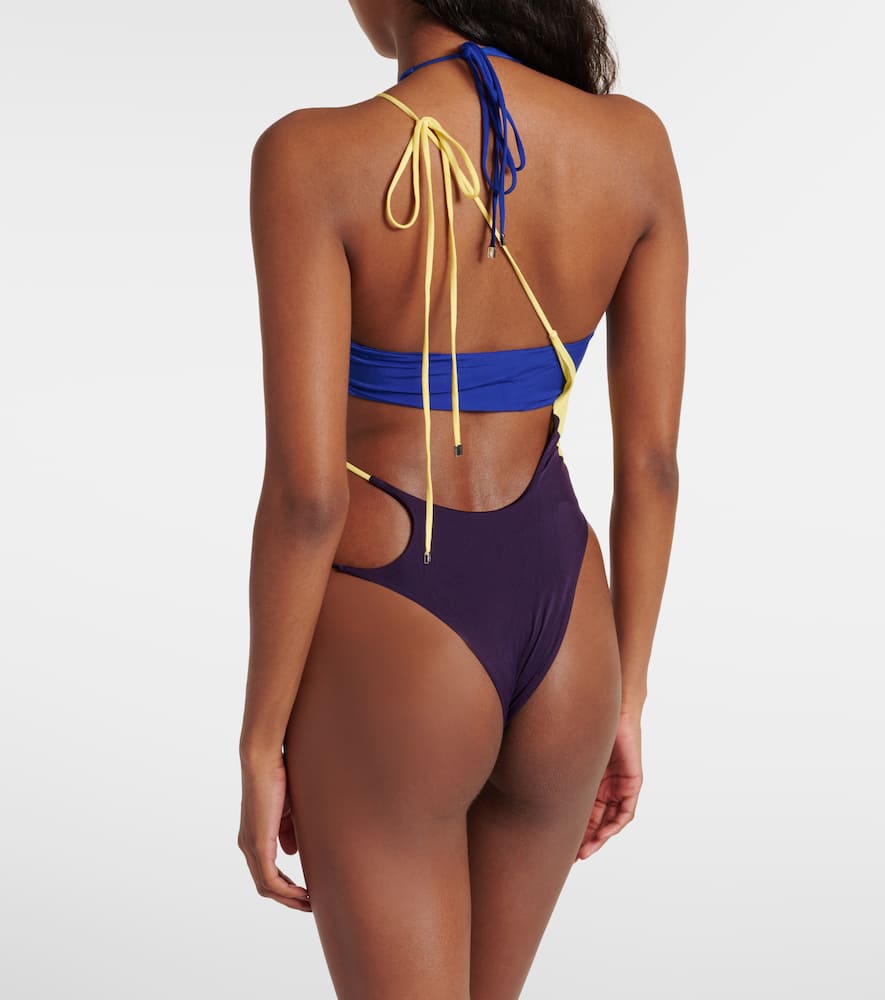 Attico Colorblocked Cutout Swimsuit In Dark Grapes/iris Blue/lght Ylw