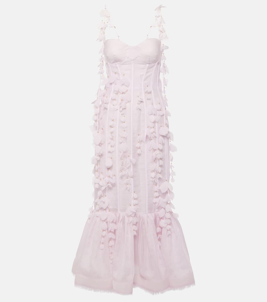 Zimmermann Floral-appliqué Linen And Silk Bustier Gown In Lilac