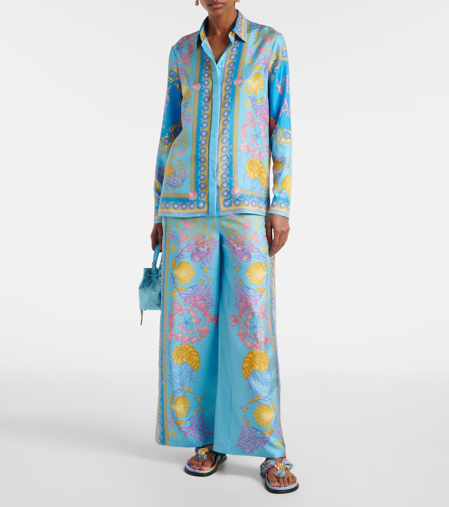 Versace Underwater Barocco Silk Twill Shirt In Blue
