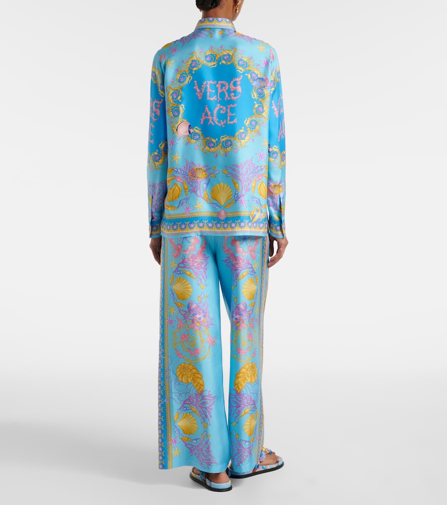 Versace Underwater Barocco Silk Twill Shirt In Blue
