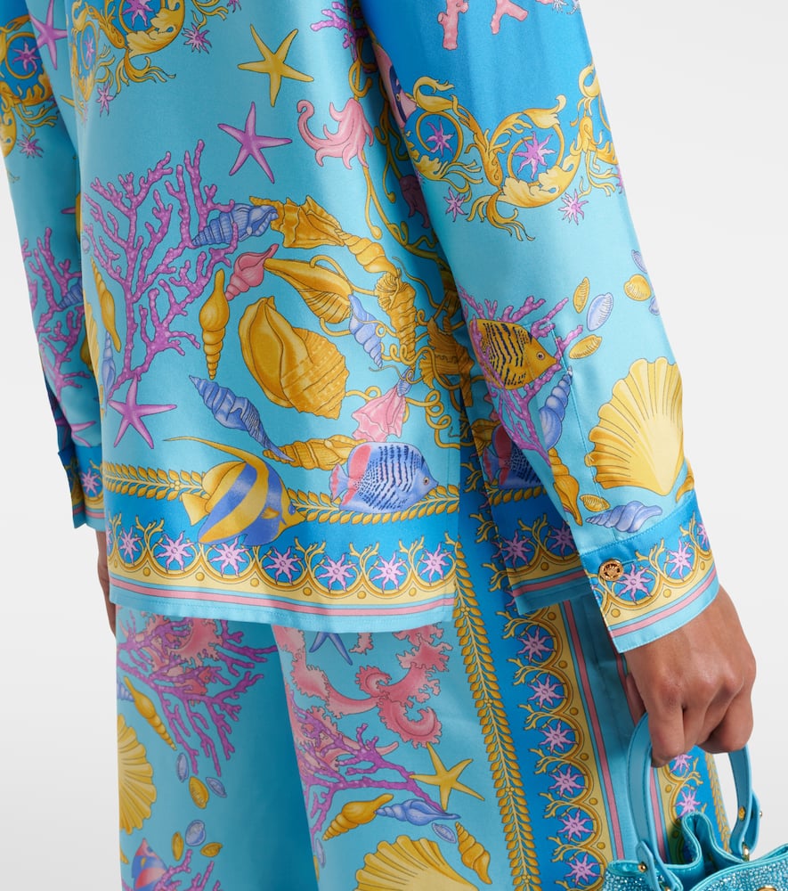 Versace Underwater Barocco Silk Twill Shirt In Blue