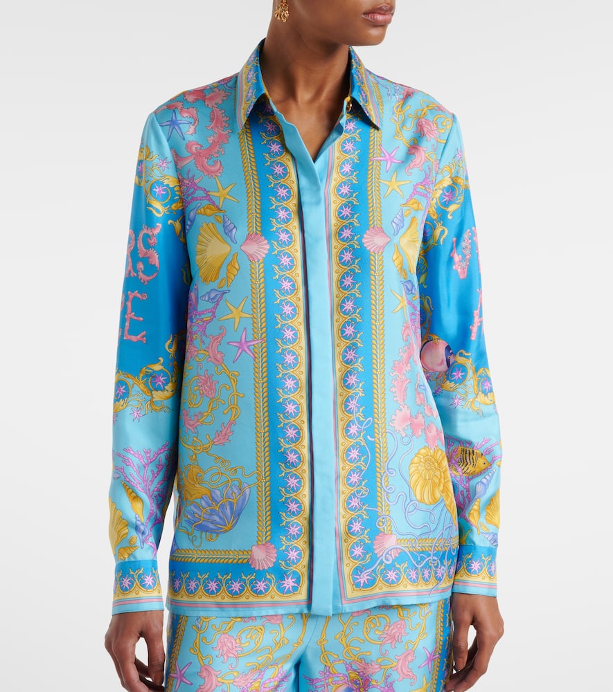 Versace Underwater Barocco Silk Twill Shirt In Blue
