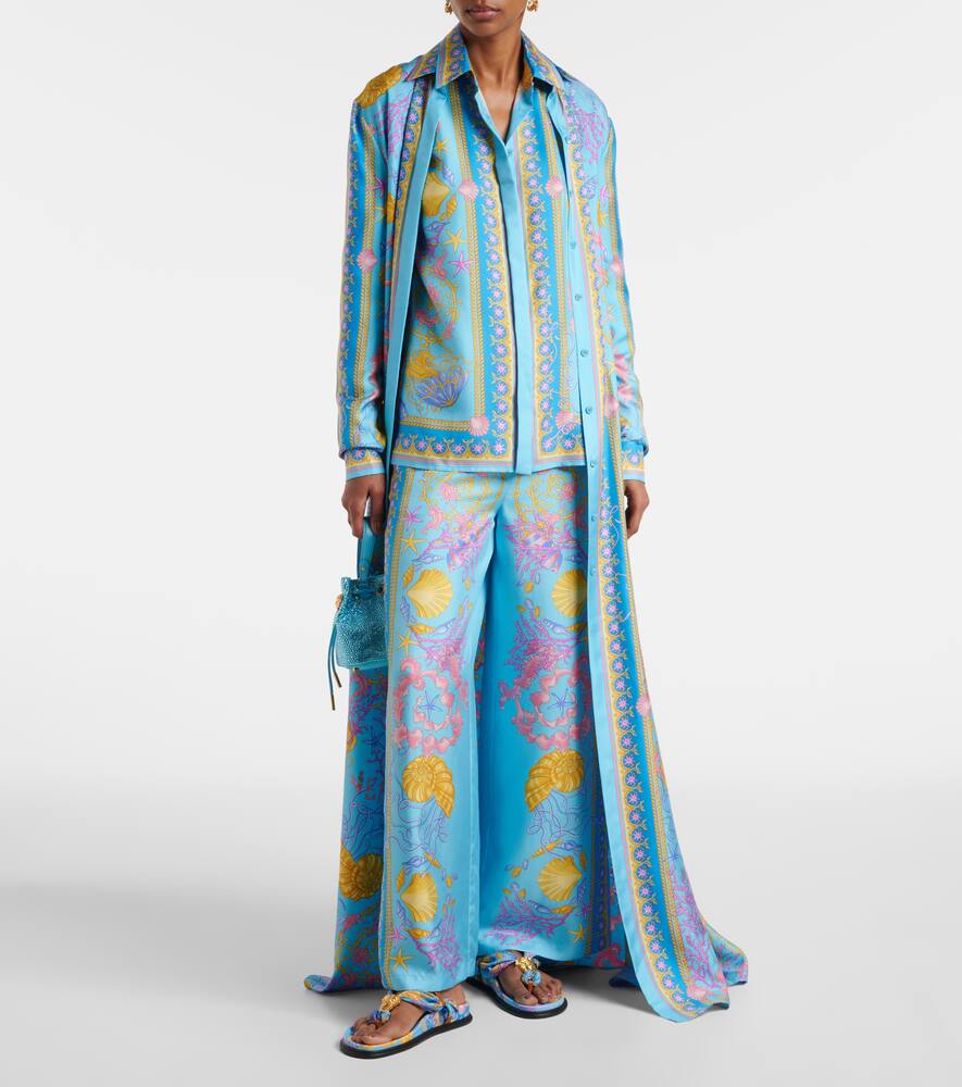 Versace Underwater Barocco Silk Twill Shirt In Blue