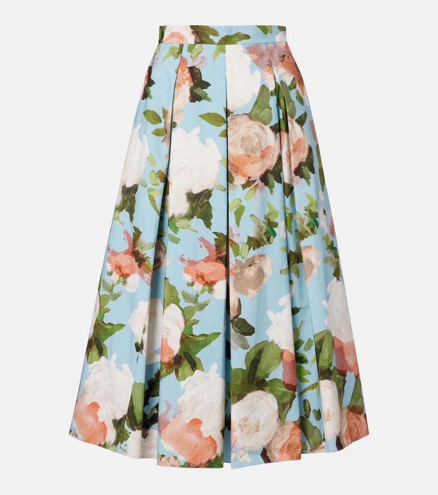 Floral pleated cotton midi skirt