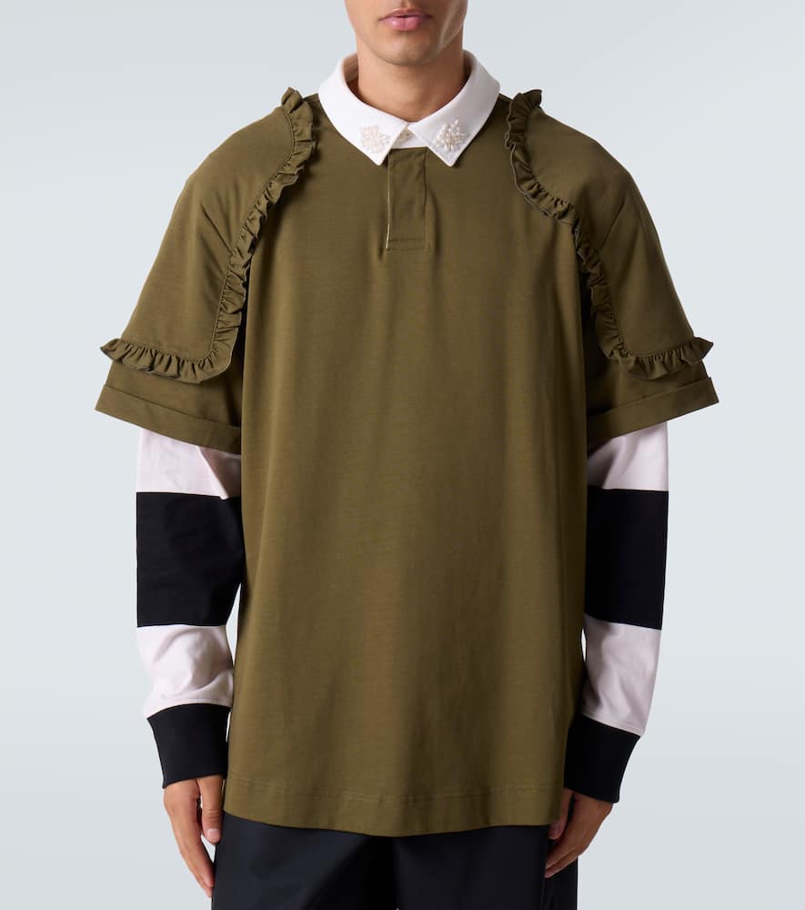 Simone Rocha Layered Ruffled Cotton Jersey Polo Shirt In Black