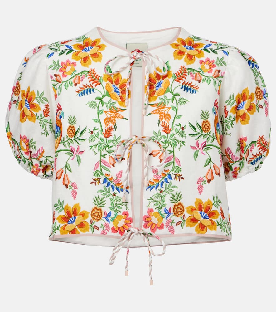 Floral puff-sleeve linen blouse