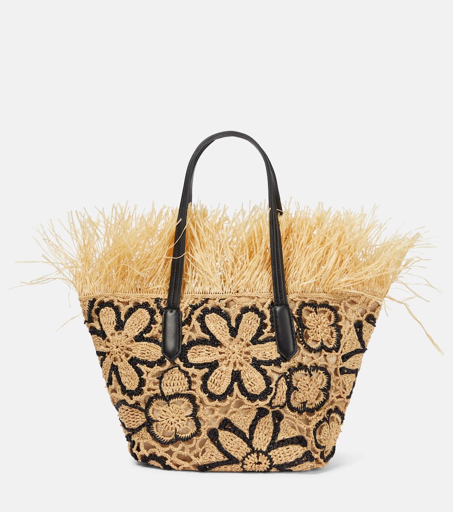 Floral crochet straw basket bag