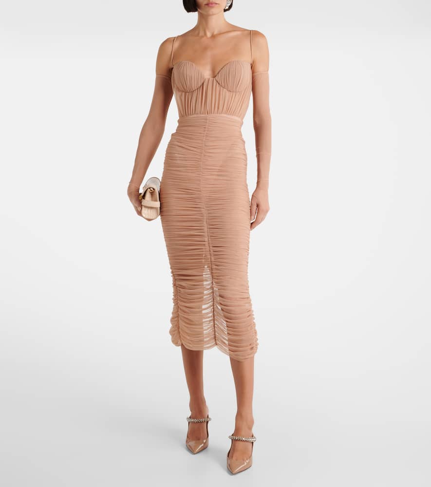 Alex Perry Sweetheart Ruched Mesh Midi Dress In Beige