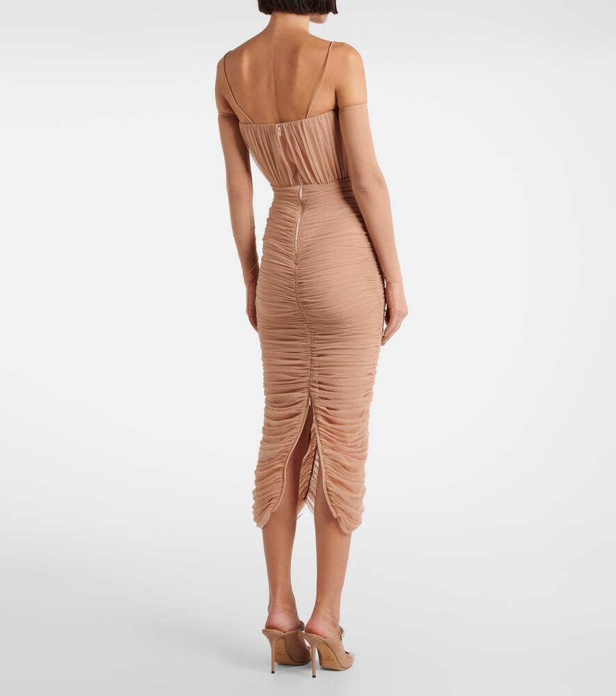 Alex Perry Sweetheart Ruched Mesh Midi Dress In Beige