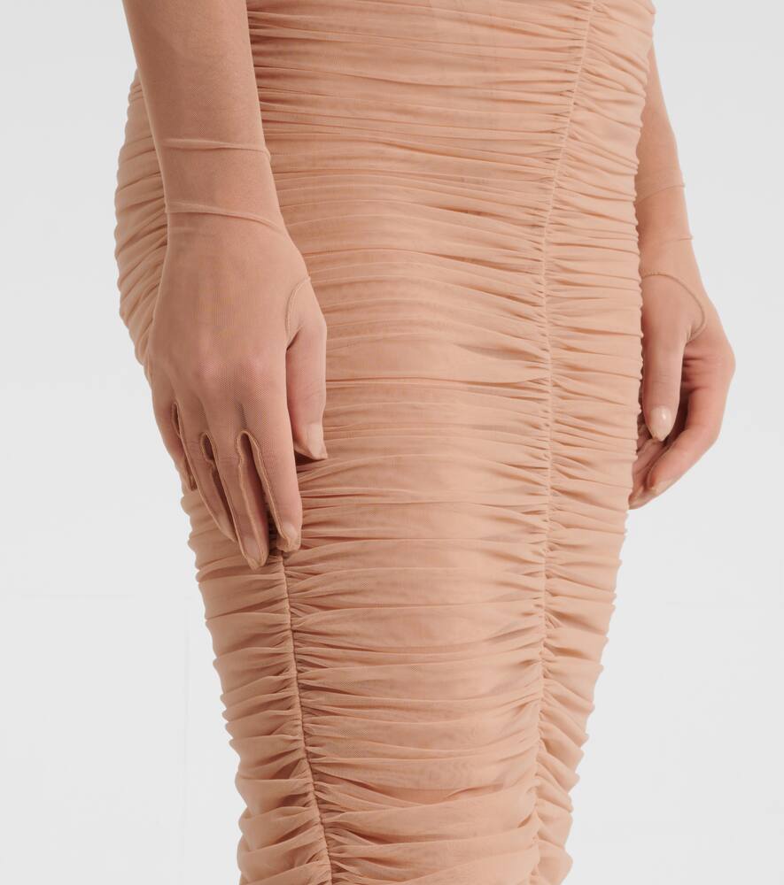Alex Perry Sweetheart Ruched Mesh Midi Dress In Beige