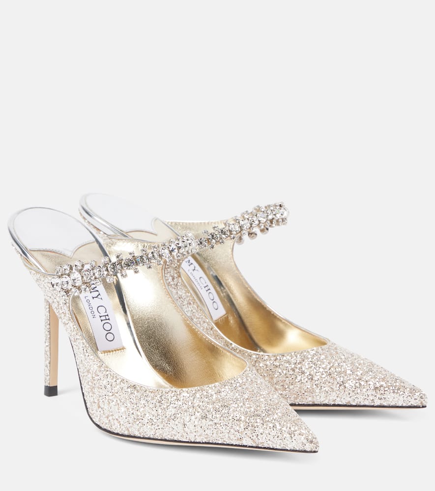 JIMMY CHOO BING 100 EMBELLISHED GLITTER MULES
