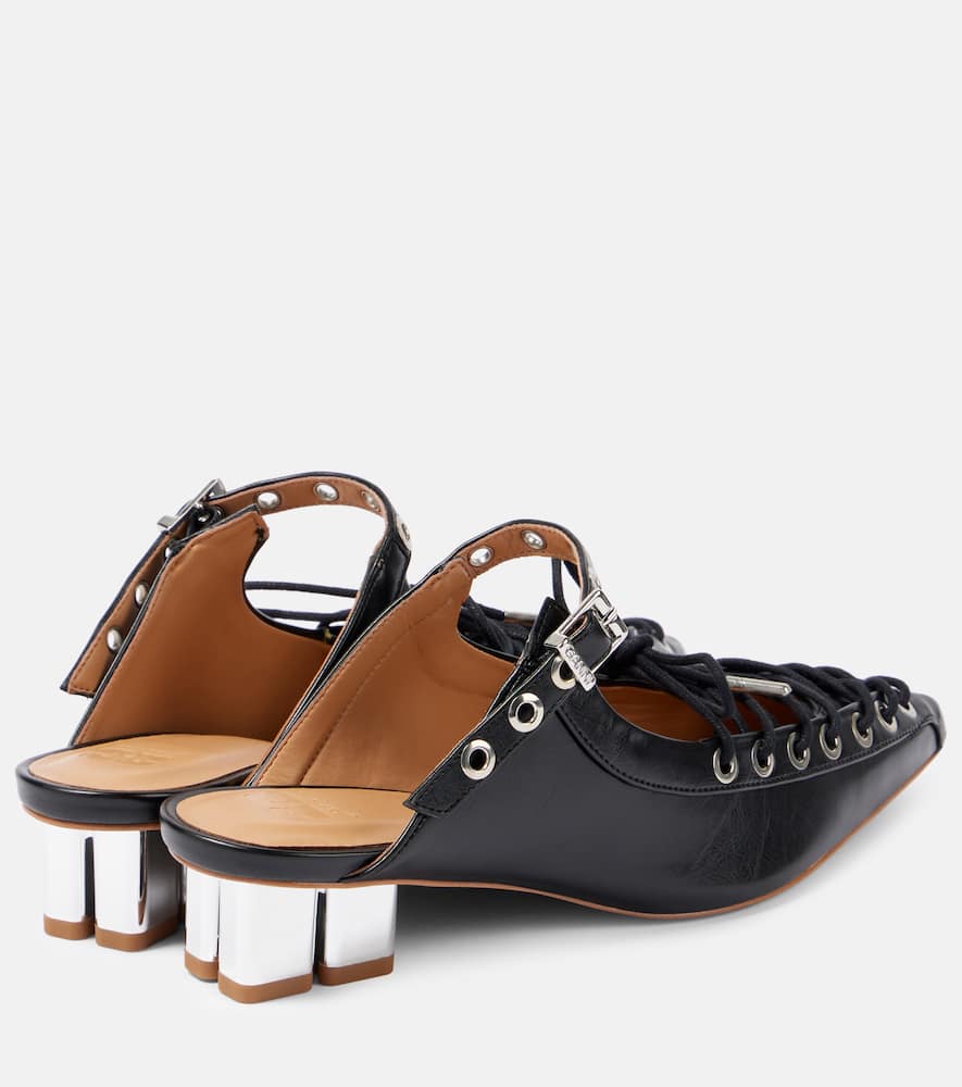 Shop Ganni Faux Leather Lace-up Mules In Black