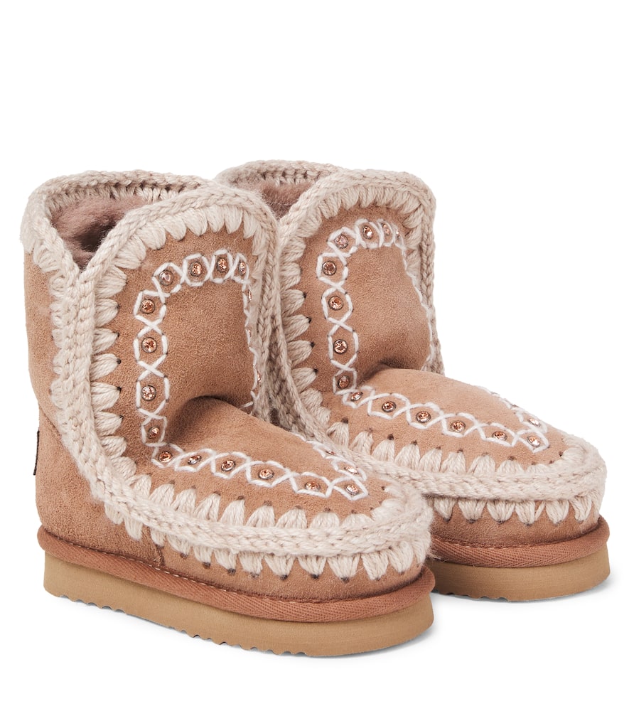 Mou Embroidered Shearling-lined Suede Boots In Brown